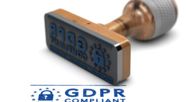 EU General Data Protection Regulation Compliance. Rubber stamp with the text GDPR Compliant over white background. 3D illustration